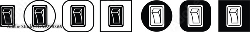Black switch button icon set, electric toggle collection, power control symbol group, on off rocker outline and flat design, electrical switch vector pack in line style
