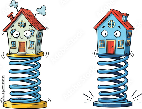 Cartoon houses on springs with expressive faces, whimsical architecture concept, bouncing motion illustration, stress and happiness metaphor, playful design