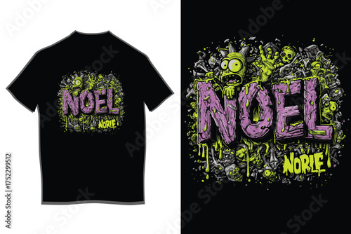 Cool graffiti style noel design on black t-shirt for holiday fashion and festive streetwear vibes