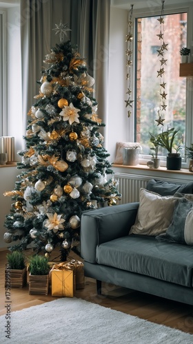 Festive Living Room Decorated for Christmas With Tree, Gifts, and Cozy Sofa