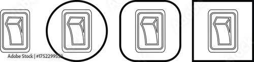 Black switch button icon set, electric toggle collection, power control symbol group, on off rocker outline design, electrical switch vector pack in line style