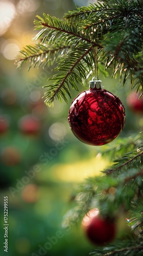 Bright Red Ornament Hanging From a Pine Tree Branch During the Festive Season...