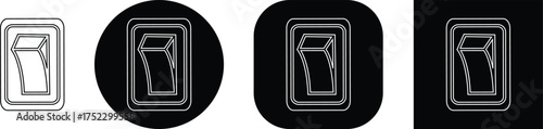 Black switch button icon set, electric toggle collection, power control symbol group, on off rocker outline and flat design, electrical switch vector pack in line style