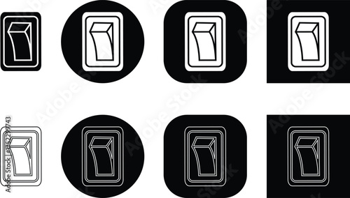 Black switch button icon set, electric toggle collection, power control symbol group, on off rocker outline and flat design, electrical switch vector pack in line style