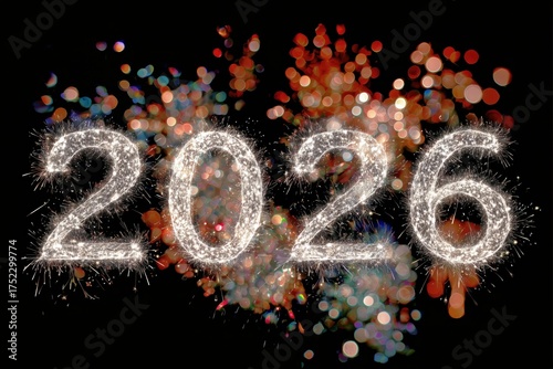 Celebration of New Year 2026 With Sparkling Fireworks and Festive Lights in t...