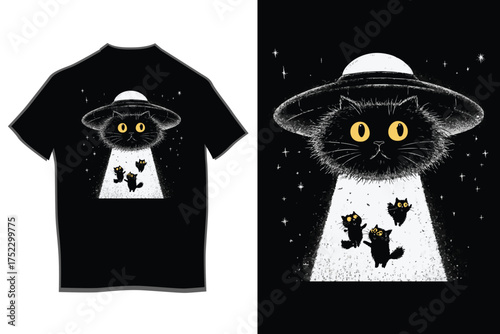 Adorable black cat abducts tiny kittens in a ufo t-shirt design with galactic and cosmic space elements