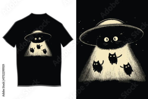 Spooky ufo abduction t-shirt design featuring cute black cats being lifted into a spaceship