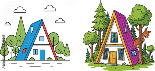 Cartoon A-frame houses in forest, minimalist and storybook styles, whimsical architecture contrast, vector illustration for stock and creative use