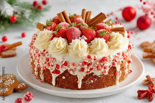 A Festive Cake Sits on a Plate, Topped With Creamy Frosting, Peppermint Candy...