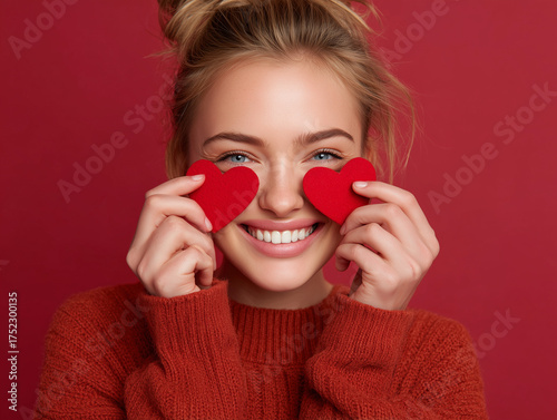 Close-up of a young woman holding felt hearts in front of her face against a red background. Playful and romantic composition with a monochromatic color scheme. Perfect for themes like Valentine's Day