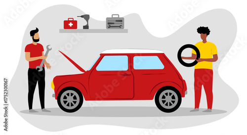 Two men are busy in a garage fixing a red car. One man is using a wrench while the other holds a spare tire, surrounded by tools and a first aid kit on the shelf