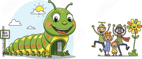 Cartoon caterpillar building and happy family, whimsical bus stop scene, playful architecture, children’s illustration, vector art for stock use