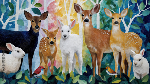 Colorful forest animals gathering: deer, rabbits, birds in vibrant woodland art