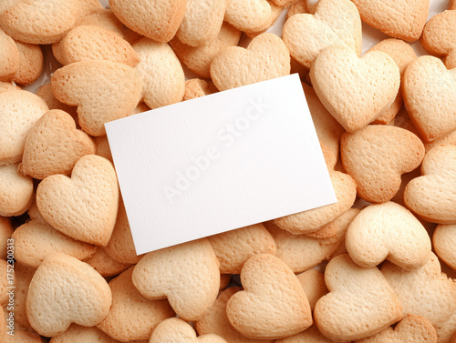 Close-up of a blank white card or note placed on top of scattered heart-shaped cookies. A sweet and romantic composition perfect for Valentine’s Day, love messages, festive greetings