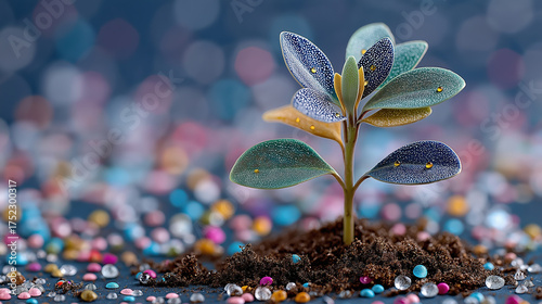 Vibrant plant with colorful leaves amidst decorative stones and soil