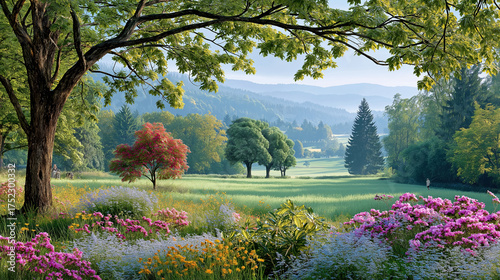 Serene spring landscape with lush greenery and blooming flowers