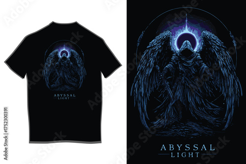 Striking dark t-shirt design featuring an ethereal angelic figure with glowing halo and detailed wings illuminated by cosmic light