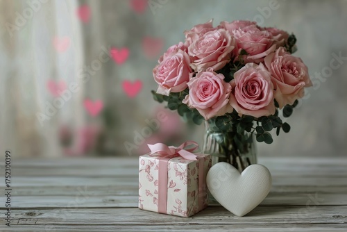Beautiful Pink Roses in a Vase Next to a Gift Box and Heart Decoration During...