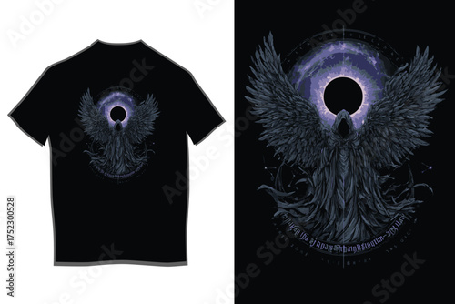 Mystical owl emblem on black t-shirt design showcasing intricate winged creature with cosmic aura and tribal accents