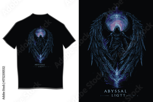 Dark angel graphic t-shirt design featuring a detailed winged figure with blue and purple tones
