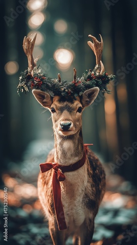 Deer in Festive Wreath With Ribbon in a Forest During Golden Hour