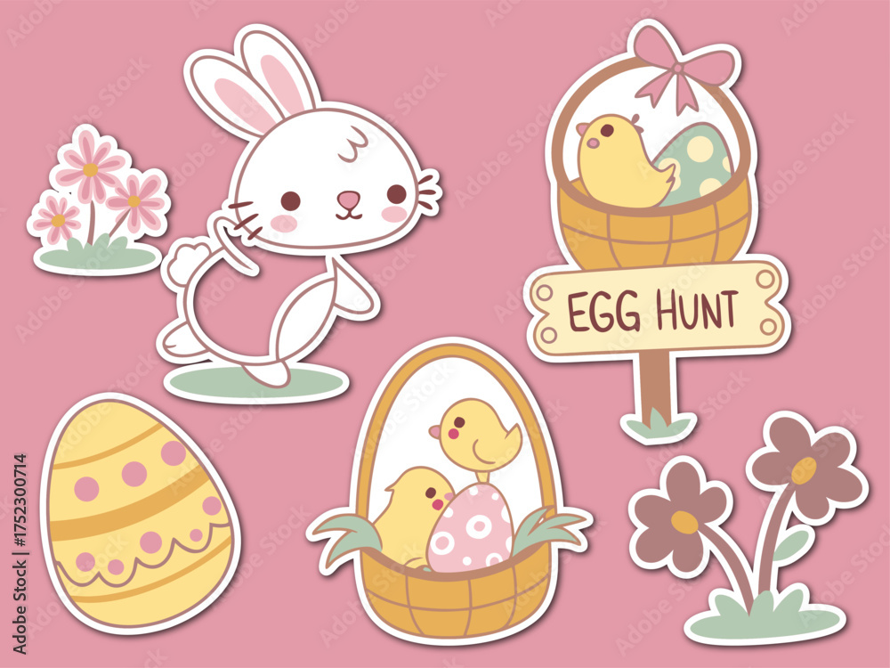 Fototapeta premium Cute Easter Stickers Featuring Bunny Chicks Flowers Egg Hunt Sign and Decorated Eggs