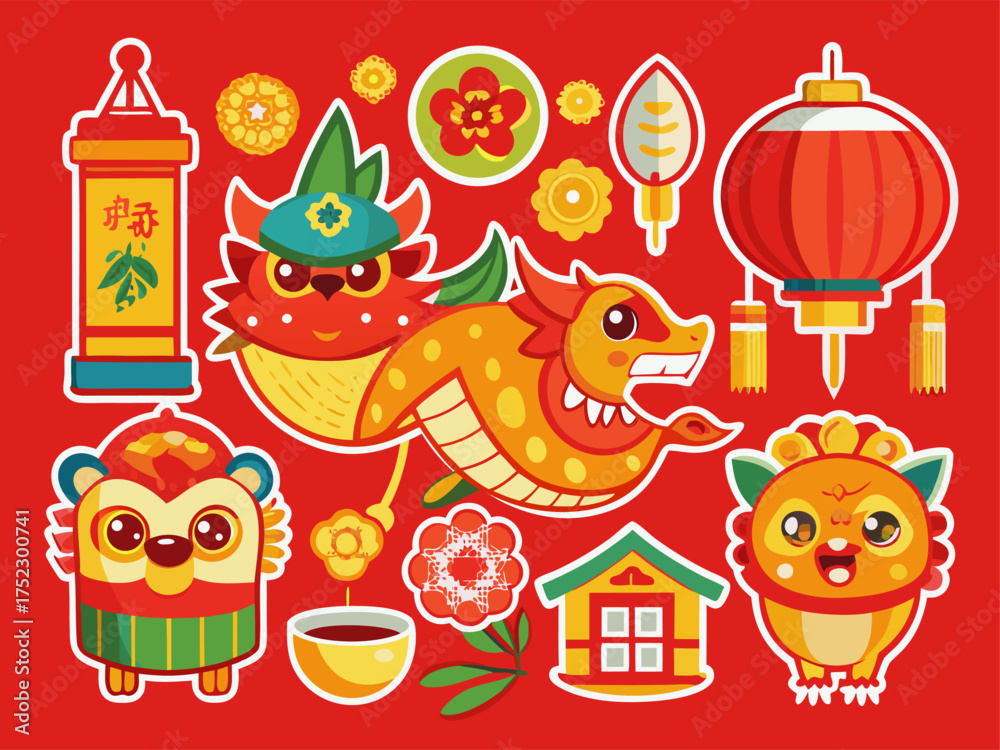 Obraz premium Festive Chinese New Year Illustration with Dragon Lanterns and Other Traditional Elements on Red Background
