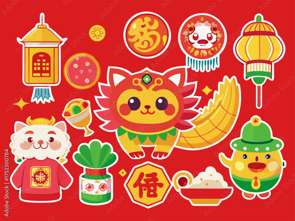 Obraz premium Cheerful Chinese New Year Stickers Featuring a Lion Dance Lanterns and Lucky Elements