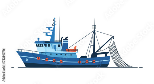 Blue Fishing Trawler Boat with Fishing Net Vector Illustration.