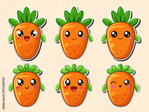 Six Adorable Cartoon Carrots with Different Facial Expressions on a Light Beige Background