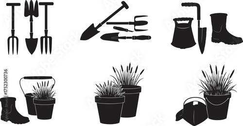Gardening tools silhouette, black vector illustration, potted plants, watering can, boots design, horticulture equipment, outdoor activity, farming icon, garden work, nature concept