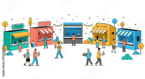 Vibrant Street Food Market with Colorful Stalls and People.