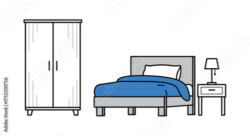 Bedroom Furniture Set: Bed Nightstand Lamp and Wardrobe Illustration.