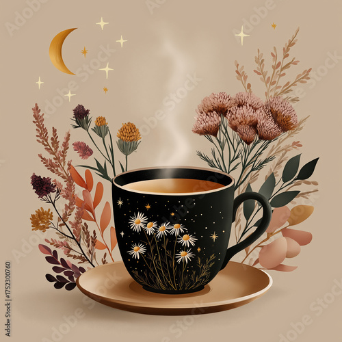 Steaming coffee in floral cup with celestial elements and botanical designs