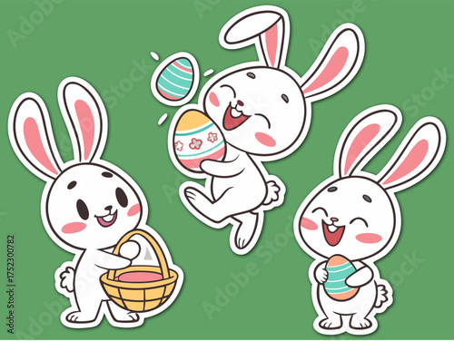 Three Adorable Cartoon Easter Bunnies with Decorated Eggs on a Green Background cute