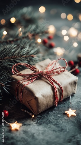 Gift Wrapped in Brown Paper With Red Twine on a Festive Table Set for Celebra...