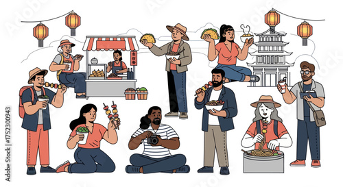 Diverse group of people enjoying street food at a vibrant outdoor market.