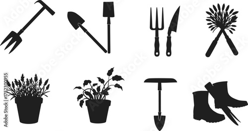 Gardening tools silhouette, black vector illustration, potted plants, garden fork, shovel, pruning shears, boots design, horticulture equipment, farming icon, nature concept