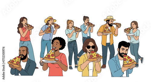 Diverse group of people enjoying slices of delicious pizza together.