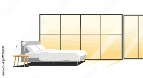 Modern Minimalist Bedroom Interior with White Bed and Large Window Panels.