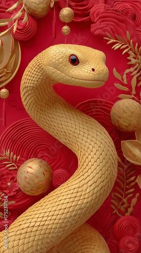 Golden Snake Sculpture Entwined Around Decorative Elements on Red Backdrop