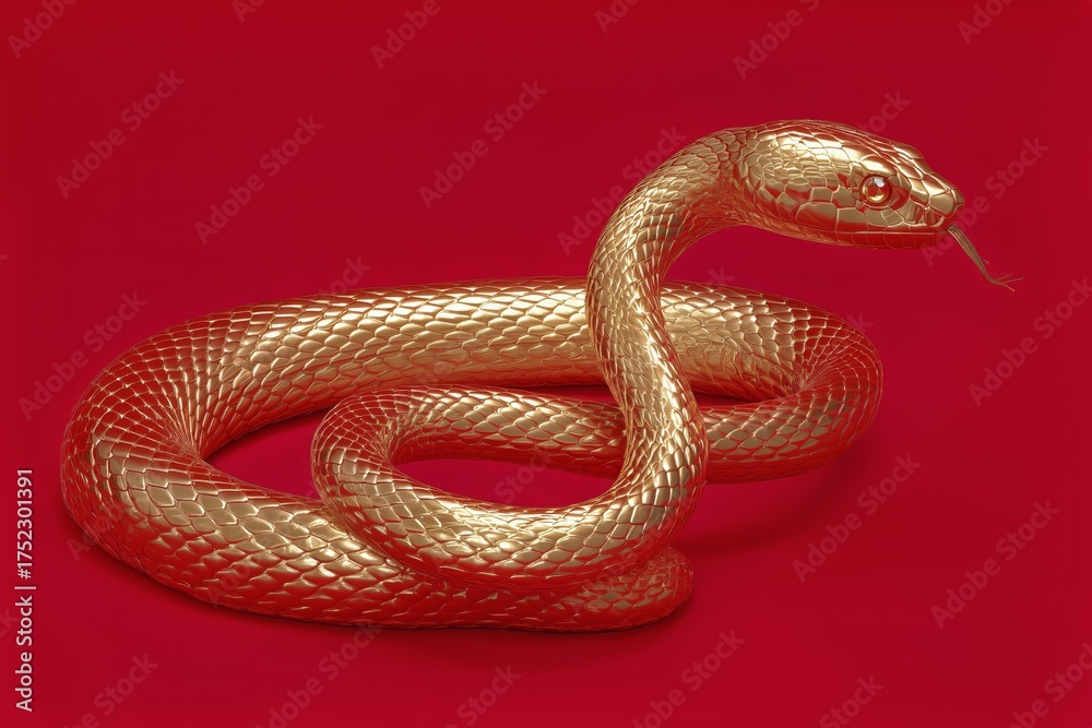Fototapeta premium Golden Snake Sculpture on a Vibrant Red Background Showing Intricate Details of Scales and Form