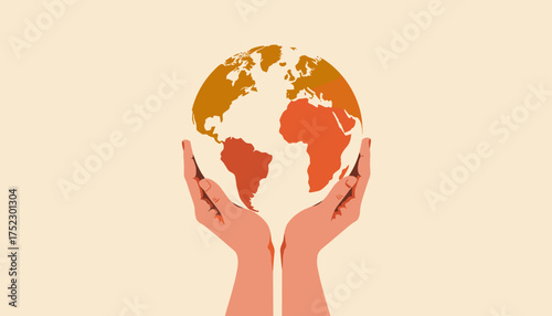 Hands holding a globe with an orange and cream color scheme on a pastel background