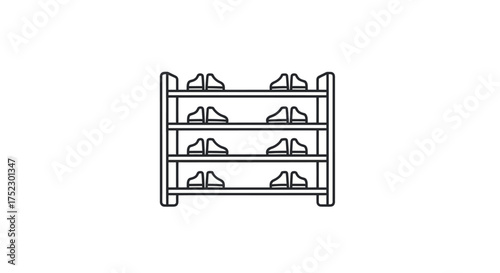 Minimalist Line Art Illustration of a Four-Tier Shoe Rack with Footwear.