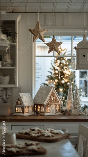 Holiday Decorations Adorn a Cozy Kitchen With Gingerbread Houses and a Lit Ch...