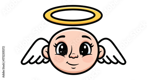 Cartoon Angel Face with Halo and Wings Illustration.