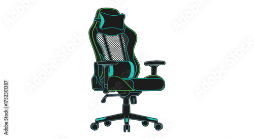 Ergonomic black and turquoise gaming chair with high back headrest and adjustable armrests.