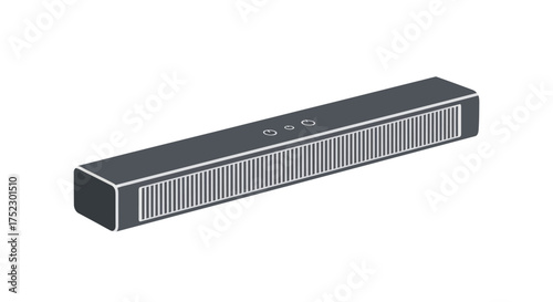 Sleek black rectangular soundbar speaker with a front grille and top control buttons.