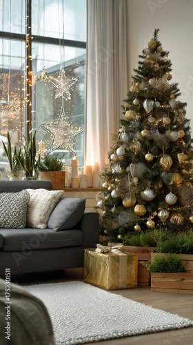Festive Living Room Decorated for Christmas With Tree, Gifts, and Cozy Sofa