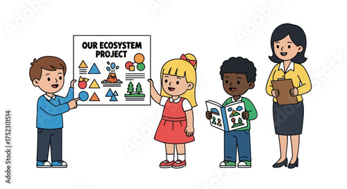 Group of Students Presenting Ecosystem Project with Teacher.